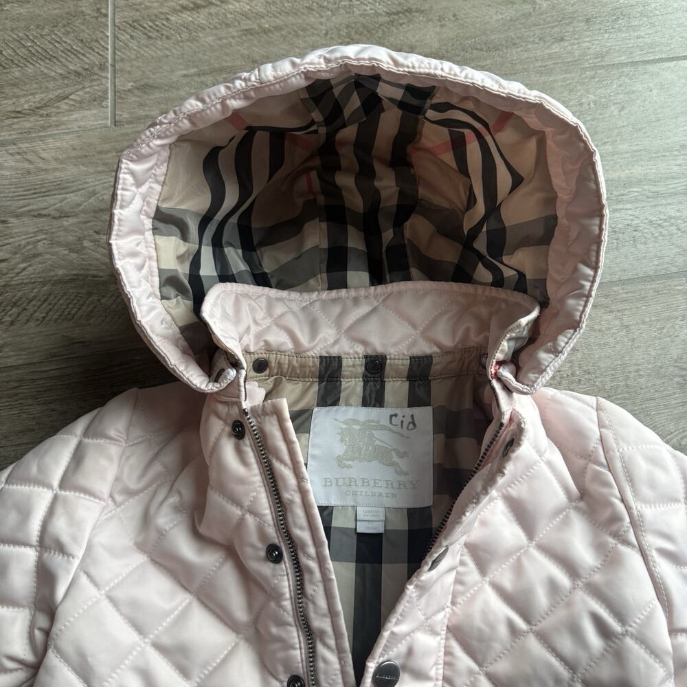 Burberry Children Girls 4Y Pink Quilted Jacket Coat Detachable Hood Check Lined